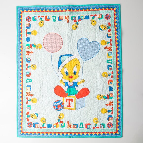 Vintage Tweety Bird Baby Quilt Blanket Looney Tunes Warner Bros Crib Nursery - Picture 1 of 7
